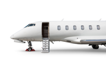 Close-up of the front of the modern white private jet with an opened gangway door isolated on transparent background