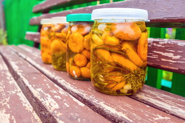four glass jars with pickled mushrooms and saffron milk caps are on the bench