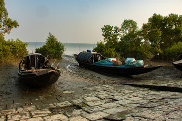 Two fishing boat anchored just beside mangrove forest on the bank of river Matla .