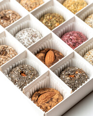 Candies in a white box made of dried fruits, without sugar and dyes. From natural ingredients....