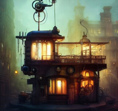 Small Steampunk Bus Stop, Small Cafe Inside, Steampunk Drawing. High Quality Photo