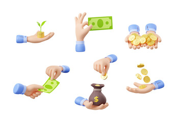 Set of hands holding cash money, bag with dollar sign, exchange currency, paper bills and coins stack with growth plant. Concept of finance, savings, payment, income, 3d render illustration