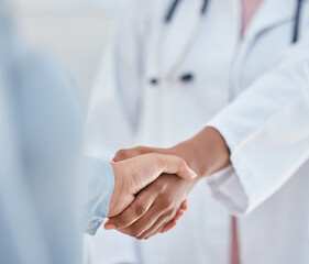 Handshake, trust and thank you with patient and doctor or medical worker shaking hands, greeting or introduction during consultation. People hand welcome gesture or welcome, partnership or help - obrazy, fototapety, plakaty
