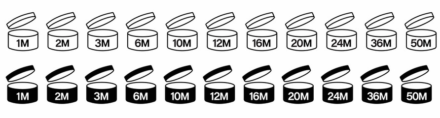 Period open icons set. PAO symbols. Pao signs. PAO icon set. The period after opening. 1, 3, 6, 9, 12, 18, 24, 36 m. Stock Vector.