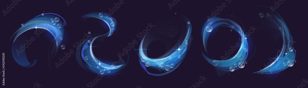 Poster clean effect swirl, detergent and light glow with soap bubbles and shining sparks. isolated blue abs