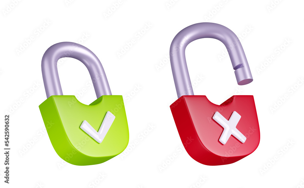 Poster protection, safety concept icons with red and green padlock with tick and cross sign. open and close