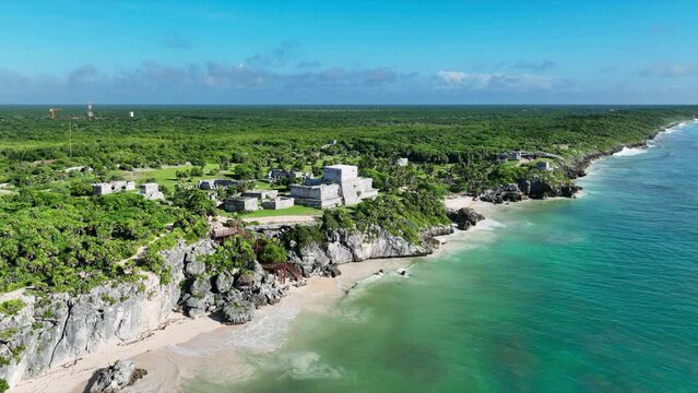 Aerial view of Mayan ruins and Tulum coast in Mexico.