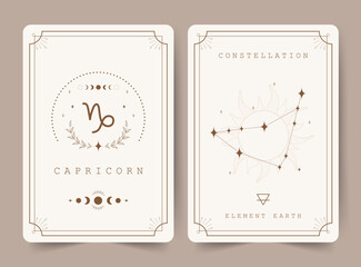 Capricorn. Witchcraft cards with astrology zodiac sign and constellation. Perfect for tarot readers and astrologers. Occult magic background. Horoscope template. Vector illustration in boho style.