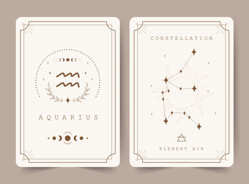 Aquarius. Witchcraft cards with astrology zodiac sign and constellation. Perfect for tarot readers and astrologers. Occult magic background. Horoscope template. Vector illustration in boho style.