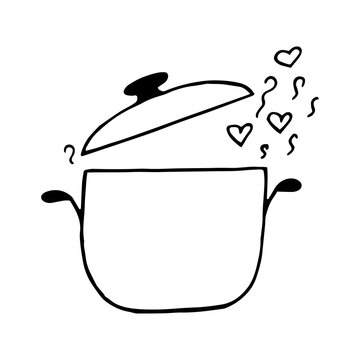 saucepan with lid, staem and hearts hand drawn in doodle style. icon, sticker.