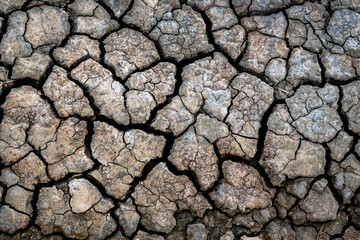 Dry soil surface with deep cracks textured background. Dried and cracked soil. Climate change. Desertification. Cracked earth, Texture of grungy Dry cracking parched earth. Global warming effect.