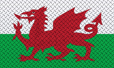 3D Flag of Wales on a metal wall background.