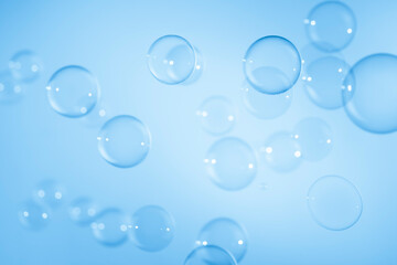 Abstract Beautiful Transparent Blue Soap Bubbles Background. Freshness Soap Sud Bubbles Water.