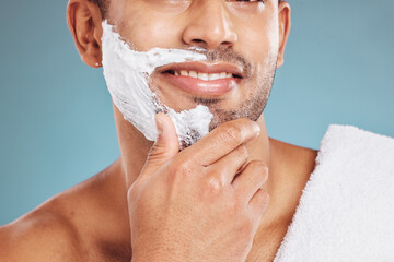 Man with shaving cream on face, beard maintenance and skincare for mens health and beauty treatment...
