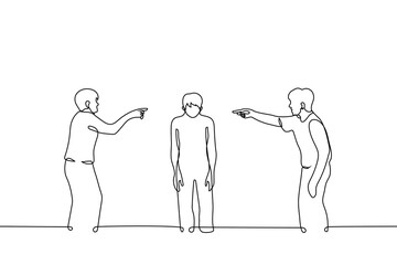 man is surrounded by people pointing fingers at him - one line drawing vector. concept bullying - obrazy, fototapety, plakaty