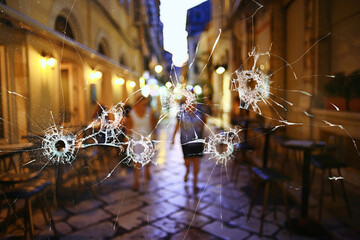 abstract simulation blurred view of the city bullet holes on the window glass, shooting war...