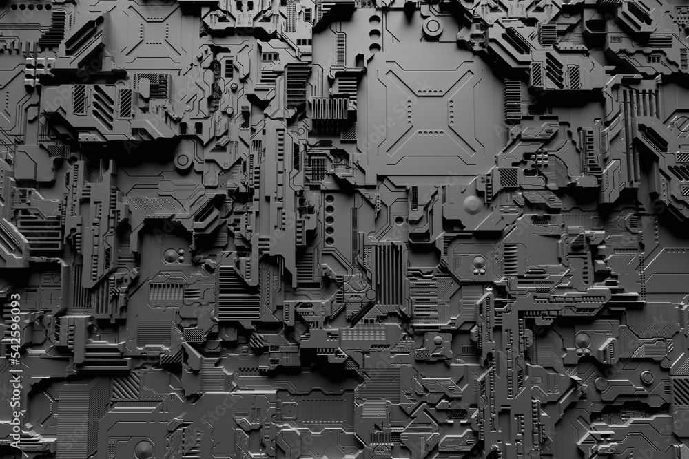 Poster 3d illustration of the close up of the black cyber armor on neon lights. abstract graphics in the st