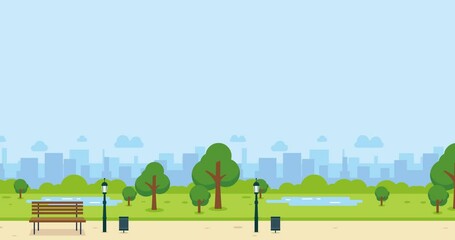 animated cute little cartoon green garden background with park bench under screen