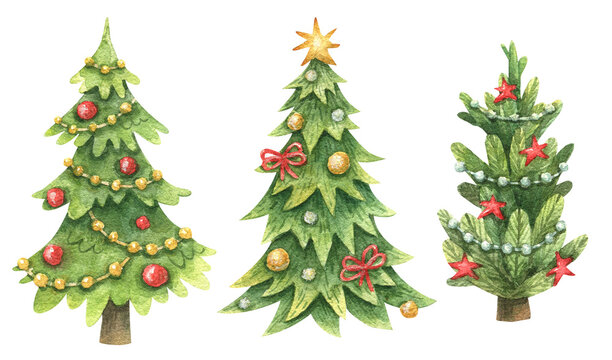 Hand drawn watercolor Christmas tree decorated with garlands, balls and gifts. Christmas illustration isolated on white background