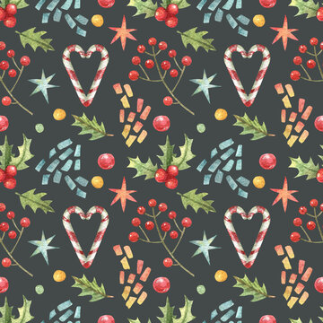 Christmas, New Year in vintage style with hand drawn watercolor illustrations. Fireworks, candy cane, leaves, berries, stars seamless pattern. dark background.