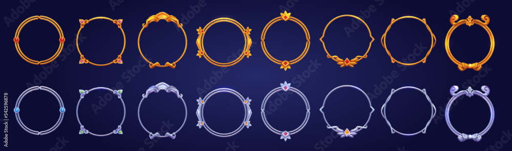 Poster empty circle silver and gold frames in medieval style for game ui design. vector cartoon set of user