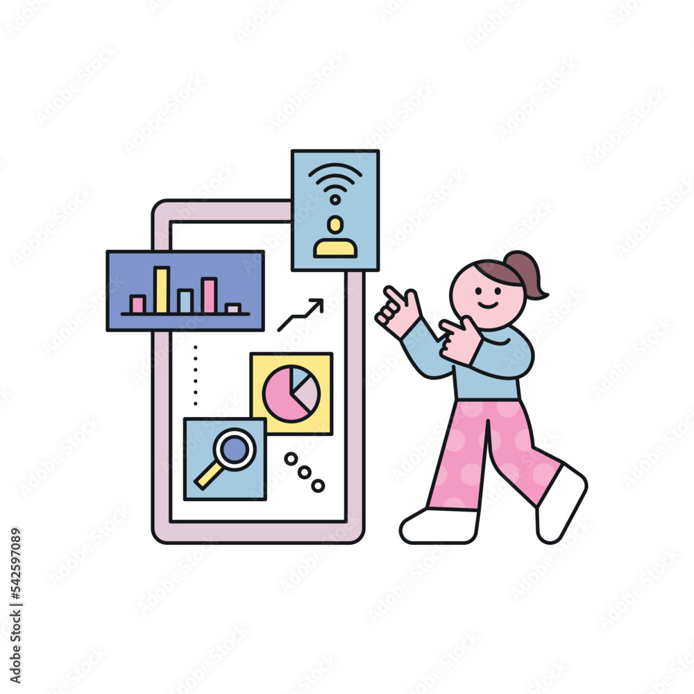 Poster there are many analytics graphs on the mobile and a girl is pointing to the data. outline simple vec