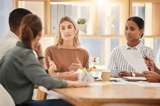 Planning, thinking or business people in meeting for strategy research, creative advertising or marketing idea in office. Teamwork, networking or communication for startup schedule or mission agenda