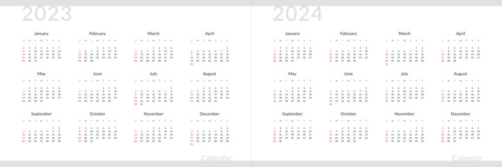 2023-2024 Calendar Template with Place for Company contacts and Logo. Vector layout of a wall or desk simple calendar with week start sunday in minimal business style.