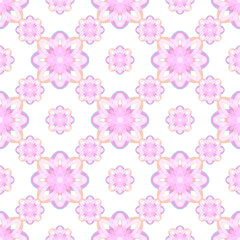 万華鏡の様な模様、花模様のシームレスパターン、結晶の様なリピートパターン、幾何学模様の壁紙、ピンク色のグラデーション