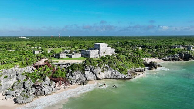Aerial view of Mayan ruins and Tulum coast in Mexico.