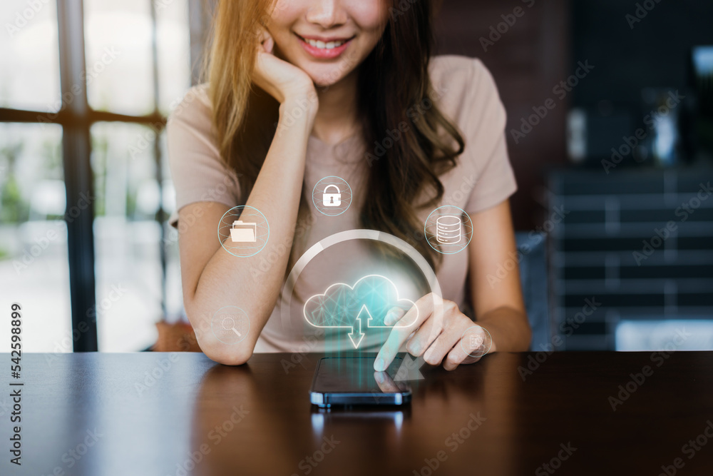 Poster Businesswoman using smart phone cloud computing to download and loading data information and upload on system network application. Technology transformation concept