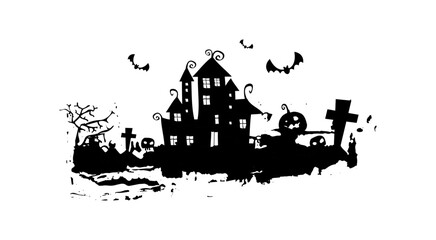 Bats, spooky trees and mysterious house. Halloween background.	