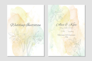 Vector wedding invitation template with watercolor daffodils in yellow and green colors