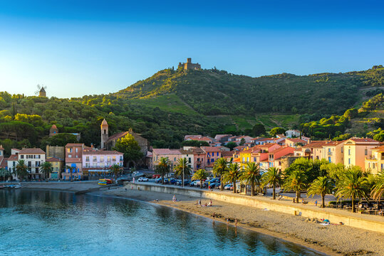 Collioure city and beach at morning in France