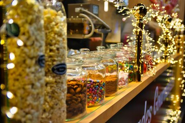 Closeup of jugs with candies lined up in a row
