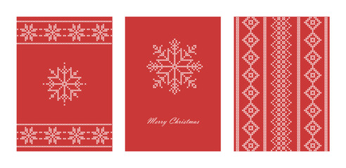 Christmas embroidery cross stitch design, st of three red and white folk art vector templates