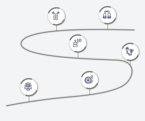 infographic element with general outline icons. included affiliate link, active sensor, chat bot, biomass energy, digital banking, inflate tire vector.