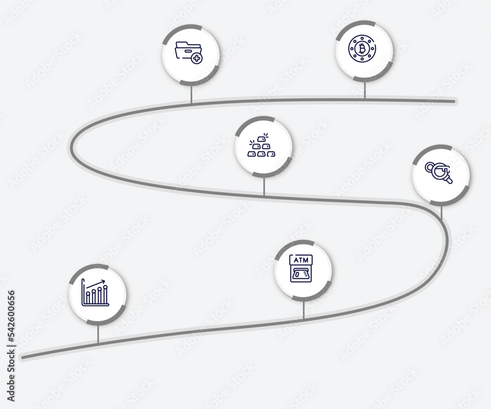 Aufkleber infographic element with business and finance outline icons. included bit round button, folder with 