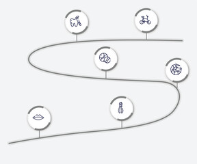 infographic element with dentist outline icons. included bicycle healthy transport, tooth with a dentist tool, medicines time, spheres connected by lines, thin lips, forceps of dentist tools vector.
