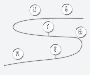 infographic element with hygiene routine outline icons. included talcum powder, smelling, dental drill, medical results, tooth pliers, facial foam vector.