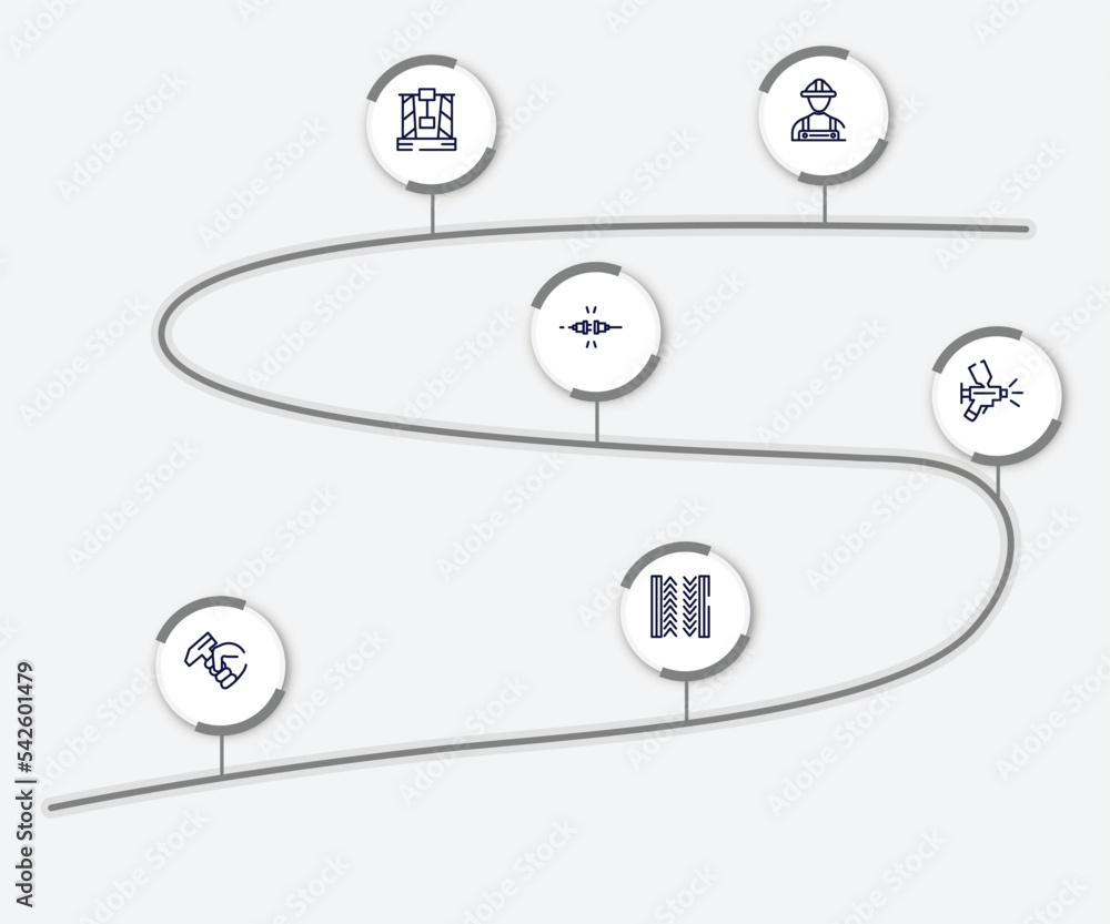 Poster infographic element with work tools outline icons. included constructor hand drawn worker, derrick w