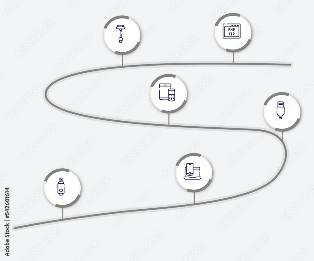 Poster infographic element with computer devices outline icons. included php code, usb charger, tablet and 