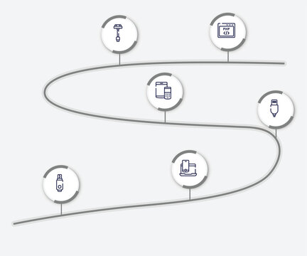 infographic element with computer devices outline icons. included php code, usb charger, tablet and cellphone, new charger, usb flash, laptop and smartphone vector.