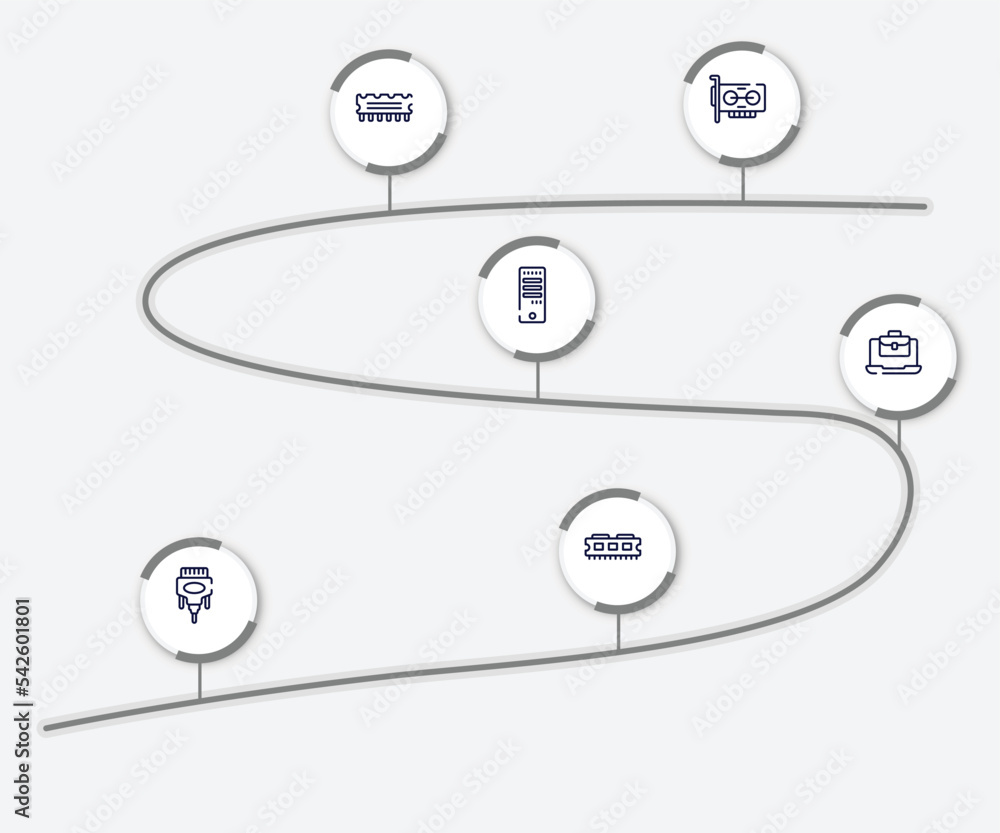Poster infographic element with computer and data outline icons. included adapter, rom, computer tower, job