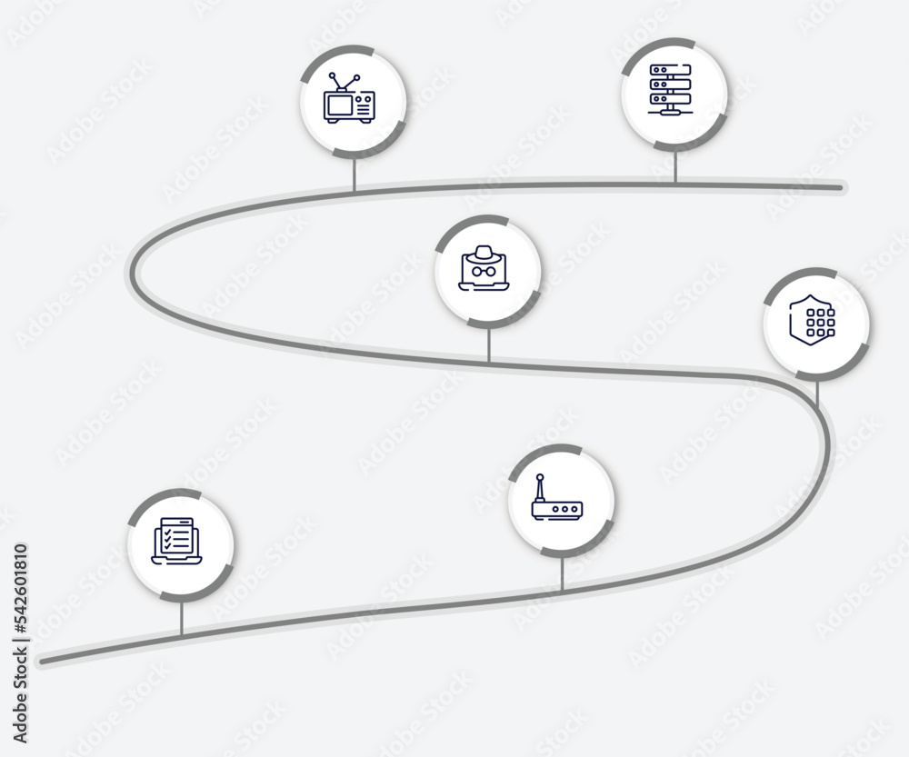 Poster infographic element with network architecture outline icons. included hosting server, old tv, fraud,