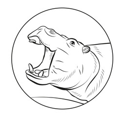 The head of an African large hippopotamus.
 Black and white drawing, coloring. Vector image. Emblem, logo.