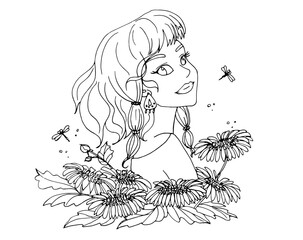 vector coloring page with cute cartoon anime girl. avatar, line art	