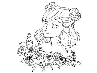 vector coloring page with cute cartoon anime girl. avatar, line art	