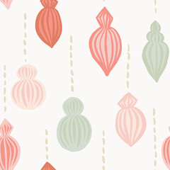 Pretty hand-painted paper baubles in pink, coral and green color palette hanging on white background. Great for home decor, fabric, wallpaper, gift-wrap, stationery, and packaging projects.

