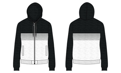 Two tone Color long sleeve hoodie fashion flat sketch vector illustration template front and back views. Cotton fleece fabric Winter hoodie jumper White  color mock up cad.